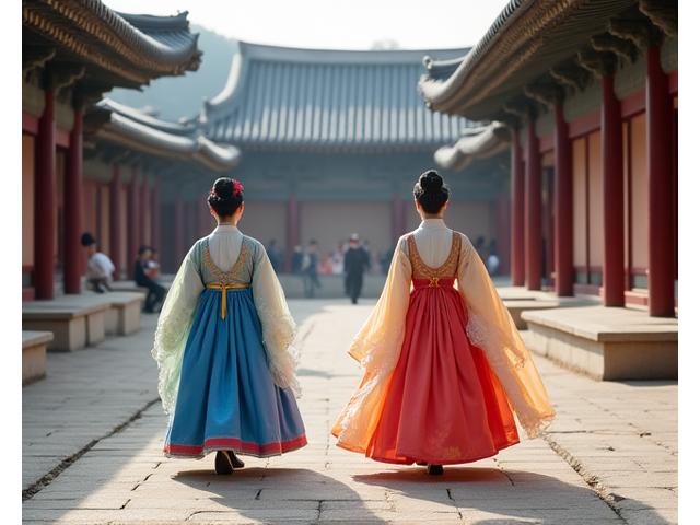 서울 경복궁의 화려한 궁중 복장을 한 인물들, 문화 체험을 의미