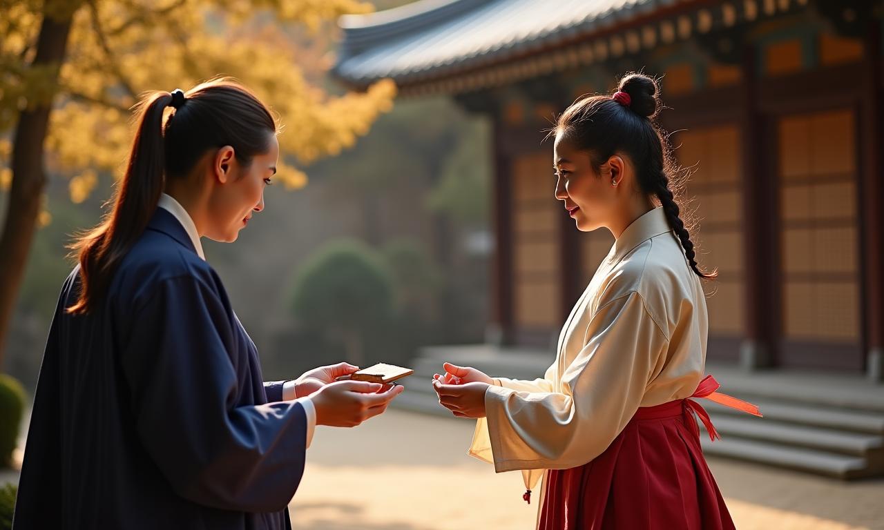 개인 가이드가 전통 한옥 마당에서 한국 전통 유물에 대해 설명하는 모습